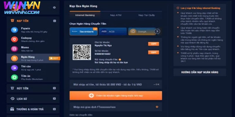 Nạp Tiền WinVN- Các Cách Nạp Nhanh Chóng Trong Vài Phút 1 Cách thức nạp tiền WinVN bằng ngân hàng online